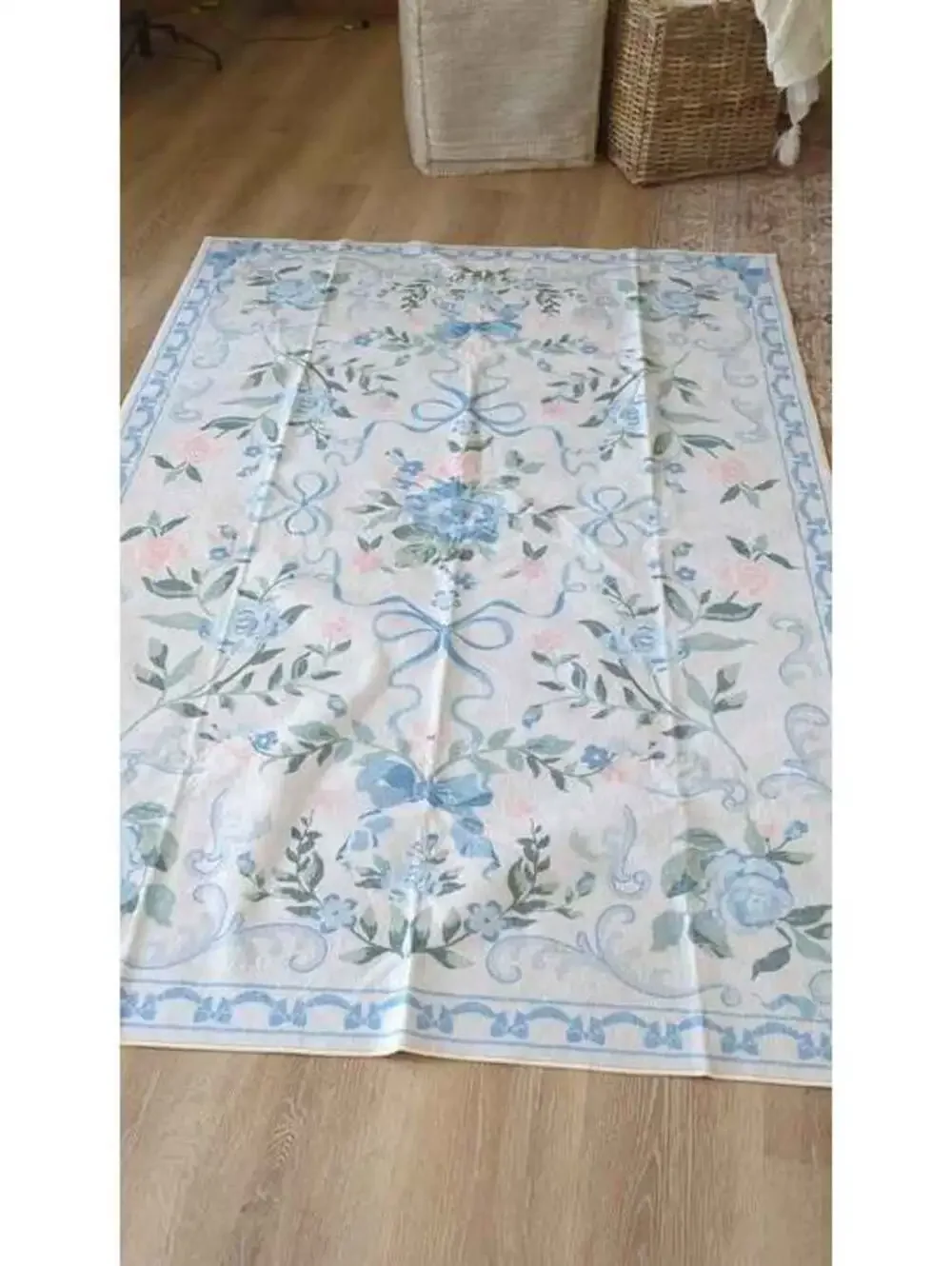 Blue pink roses Floral Rug 5x7 for Girls Bedroom or Nursery, Cute Bow Washable